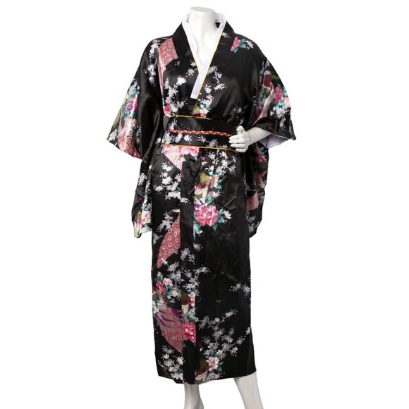 Satin Kimono Floral Japanese Style Dress Flower Peacock Belt Black Pink Blue NEW - Picture 3 of 14
